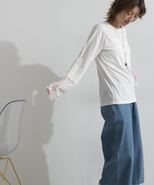 le colis(ルコリ)の「天竺 × ストレッチレース・ドットチュール シアー袖切替えプルオーバー(Tシャツ/カットソー・レディース・チャコールグレー/ホワイト/ブラック・FREE)」の16枚目の写真