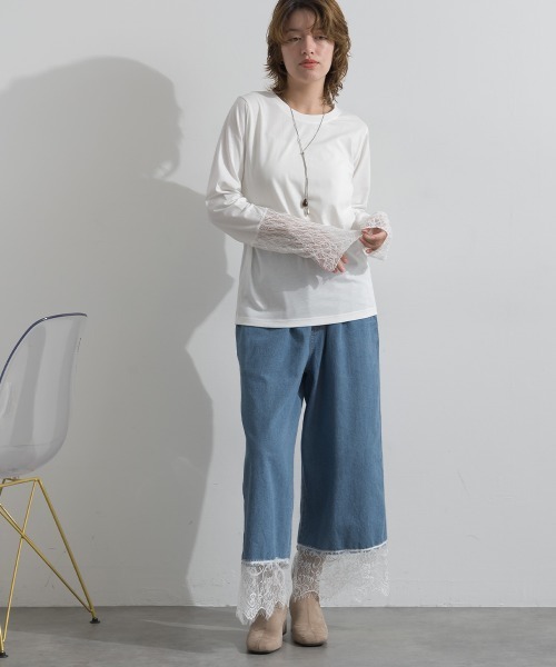 le colis(ルコリ)の「天竺 × ストレッチレース・ドットチュール シアー袖切替えプルオーバー(Tシャツ/カットソー・レディース・チャコールグレー/ホワイト/ブラック・FREE)」の19枚目の写真