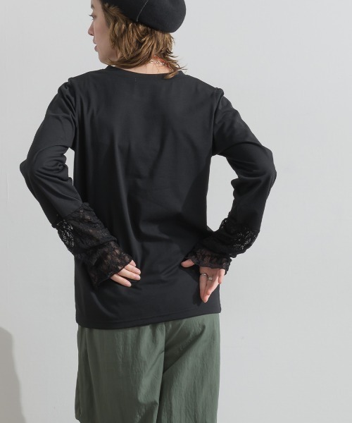 le colis(ルコリ)の「天竺 × ストレッチレース・ドットチュール シアー袖切替えプルオーバー(Tシャツ/カットソー・レディース・チャコールグレー/ホワイト/ブラック・FREE)」の7枚目の写真