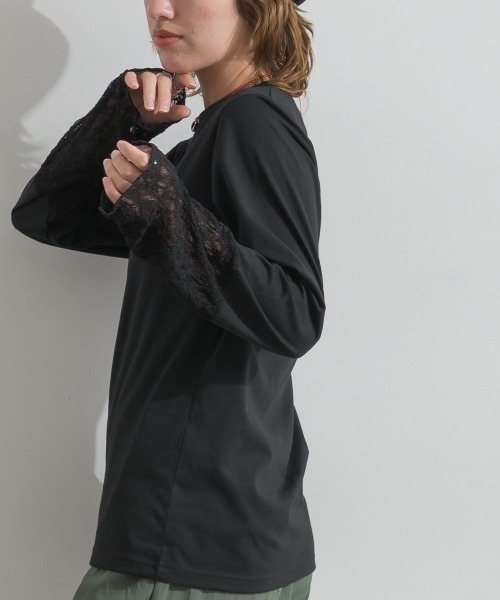 le colis(ルコリ)の「天竺 × ストレッチレース・ドットチュール シアー袖切替えプルオーバー(Tシャツ/カットソー・レディース・チャコールグレー/ホワイト/ブラック・FREE)」の8枚目の写真