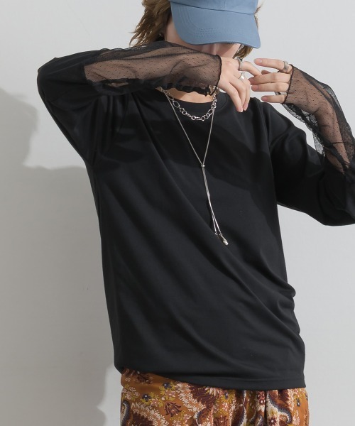 le colis(ルコリ)の「天竺 × ストレッチレース・ドットチュール シアー袖切替えプルオーバー(Tシャツ/カットソー・レディース・チャコールグレー/ホワイト/ブラック・FREE)」の10枚目の写真