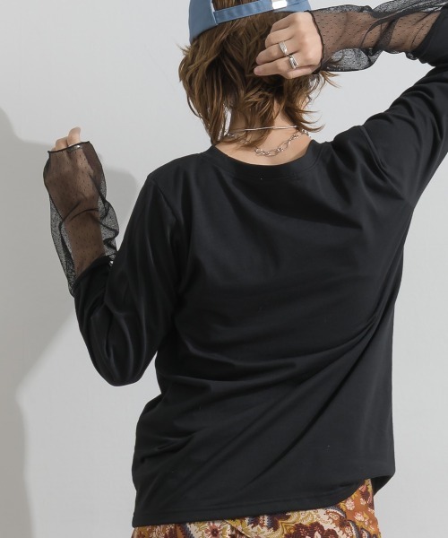 le colis(ルコリ)の「天竺 × ストレッチレース・ドットチュール シアー袖切替えプルオーバー(Tシャツ/カットソー・レディース・チャコールグレー/ホワイト/ブラック・FREE)」の12枚目の写真