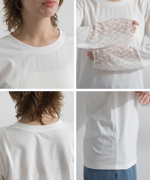 le colis(ルコリ)の「天竺 × ストレッチレース・ドットチュール シアー袖切替えプルオーバー(Tシャツ/カットソー・レディース・チャコールグレー/ホワイト/ブラック・FREE)」の5枚目の写真
