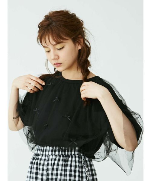 merry jenny（メリージェニー）の「チュールリボンTシャツ（Tシャツ/カットソー・レディース・オフホワイト/ブラック・FREE）」の2枚目の写真