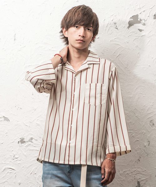 MinoriTY（マイノリティ）の「オープンカラー八分マルチストライプシャツ 開襟シャツ（シャツ/ブラウス・メンズ・ホワイト/ブラック/ネイビー/ピンク/ワイン・M/L）」の2枚目の写真