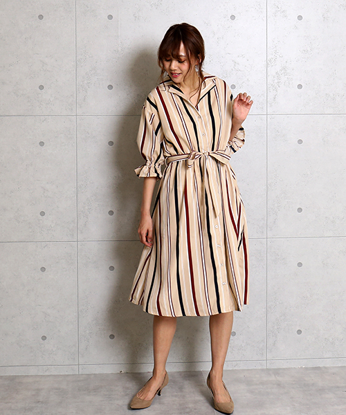 MARLENE JOBERT（マルレーヌ　ジョベル）の「デシンストライプ＆ドット開襟ワンピース（ワンピース・レディース・ブラック/オフホワイト/ベージュ・FREE）」の16枚目の写真