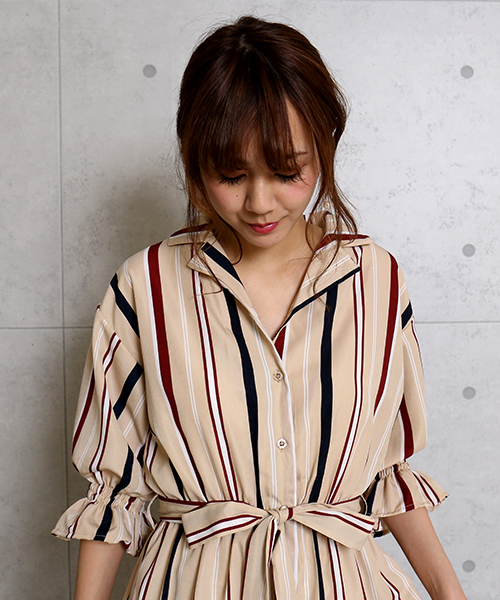 MARLENE JOBERT（マルレーヌ　ジョベル）の「デシンストライプ＆ドット開襟ワンピース（ワンピース・レディース・ブラック/オフホワイト/ベージュ・FREE）」の14枚目の写真