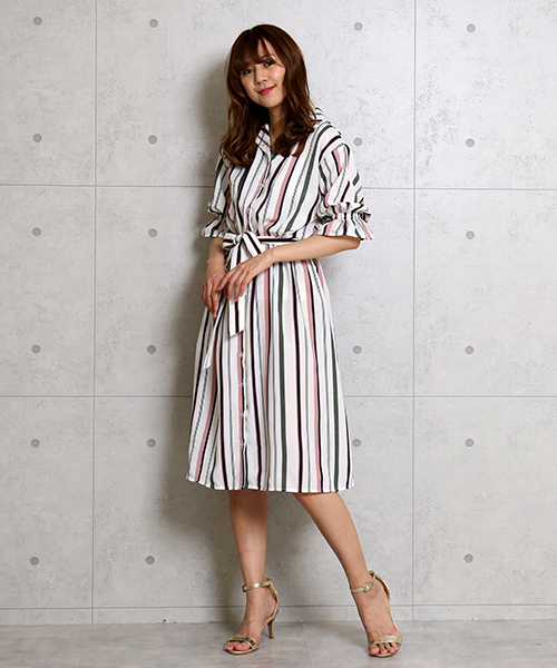 MARLENE JOBERT（マルレーヌ　ジョベル）の「デシンストライプ＆ドット開襟ワンピース（ワンピース・レディース・ブラック/オフホワイト/ベージュ・FREE）」の8枚目の写真