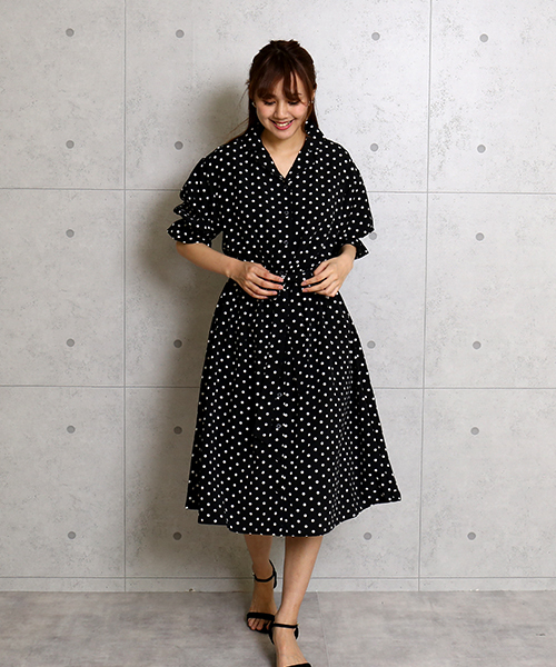 MARLENE JOBERT（マルレーヌ　ジョベル）の「デシンストライプ＆ドット開襟ワンピース（ワンピース・レディース・ブラック/オフホワイト/ベージュ・FREE）」の12枚目の写真