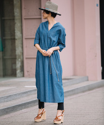 Munich | 【4.6ozデニム＆ストライプ】ドビードローストリングロングワンピース(ワンピース)