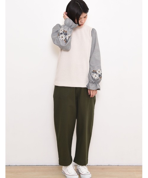 POU DOU DOU（プードゥドゥ）の「ニットソークロスステッチボリューム袖トップス（Tシャツ/カットソー・レディース・ネイビー/ブラウン/アイボリー・3）」の6枚目の写真