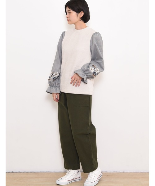 POU DOU DOU（プードゥドゥ）の「ニットソークロスステッチボリューム袖トップス（Tシャツ/カットソー・レディース・ネイビー/ブラウン/アイボリー・3）」の7枚目の写真