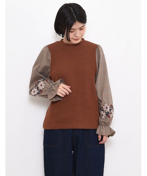 POU DOU DOU（プードゥドゥ）の「ニットソークロスステッチボリューム袖トップス（Tシャツ/カットソー・レディース・ネイビー/ブラウン/アイボリー・3）」の8枚目の写真