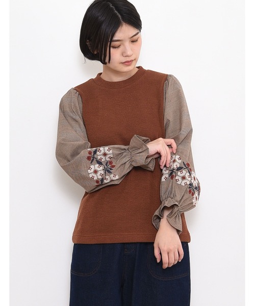 POU DOU DOU（プードゥドゥ）の「ニットソークロスステッチボリューム袖トップス（Tシャツ/カットソー・レディース・ネイビー/ブラウン/アイボリー・3）」の9枚目の写真