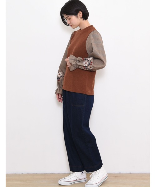 POU DOU DOU（プードゥドゥ）の「ニットソークロスステッチボリューム袖トップス（Tシャツ/カットソー・レディース・ネイビー/ブラウン/アイボリー・3）」の10枚目の写真