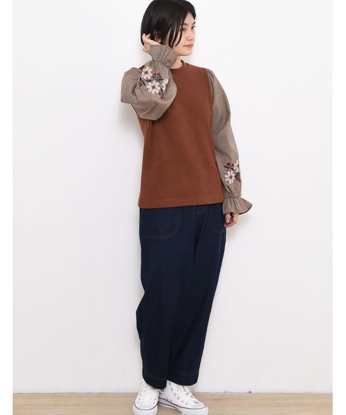 POU DOU DOU（プードゥドゥ）の「ニットソークロスステッチボリューム袖トップス（Tシャツ/カットソー・レディース・ネイビー/ブラウン/アイボリー・3）」の11枚目の写真