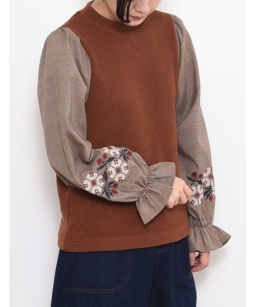 POU DOU DOU（プードゥドゥ）の「ニットソークロスステッチボリューム袖トップス（Tシャツ/カットソー・レディース・ネイビー/ブラウン/アイボリー・3）」の16枚目の写真