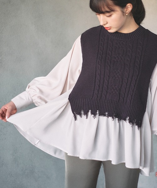 idem(イデム)の「Damage Knit Docking Blouse/ダメージニットドッキングブラウス(シャツ/ブラウス・レディース・アイボリー/オリーブ/ネイビー・FREE)」の8枚目の写真