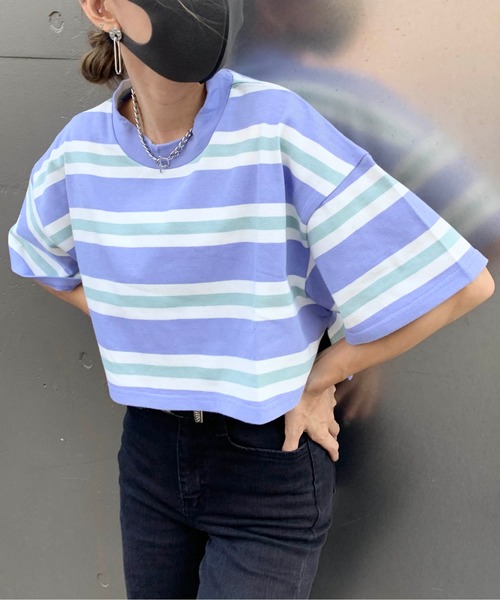 RASVOA（ラスボア）の「モックネックボーダーショートＴシャツ（Tシャツ/カットソー・レディース・ブラック/パープル/グリーン・FREE）」の3枚目の写真