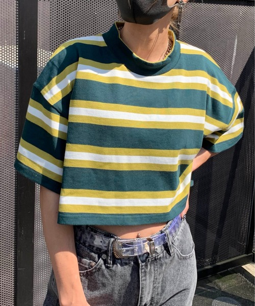 RASVOA（ラスボア）の「モックネックボーダーショートＴシャツ（Tシャツ/カットソー・レディース・ブラック/パープル/グリーン・FREE）」の2枚目の写真