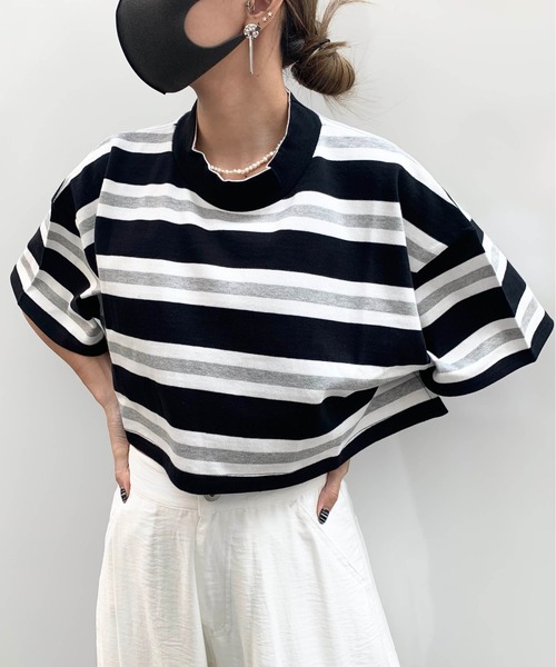 RASVOA（ラスボア）の「モックネックボーダーショートＴシャツ（Tシャツ/カットソー・レディース・ブラック/パープル/グリーン・FREE）」の4枚目の写真