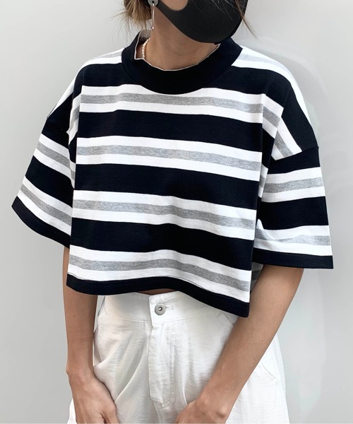 RASVOA（ラスボア）の「モックネックボーダーショートＴシャツ（Tシャツ/カットソー・レディース・ブラック/パープル/グリーン・FREE）」の5枚目の写真