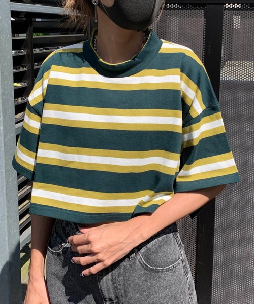 RASVOA（ラスボア）の「モックネックボーダーショートＴシャツ（Tシャツ/カットソー・レディース・ブラック/パープル/グリーン・FREE）」の8枚目の写真