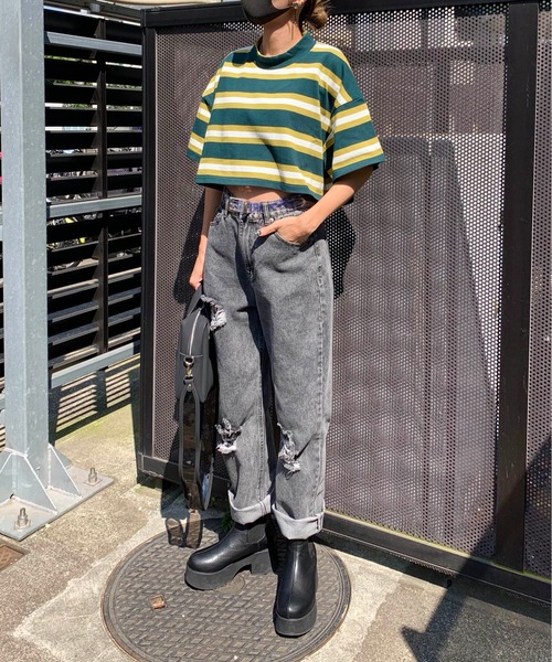 RASVOA（ラスボア）の「モックネックボーダーショートＴシャツ（Tシャツ/カットソー・レディース・ブラック/パープル/グリーン・FREE）」の11枚目の写真