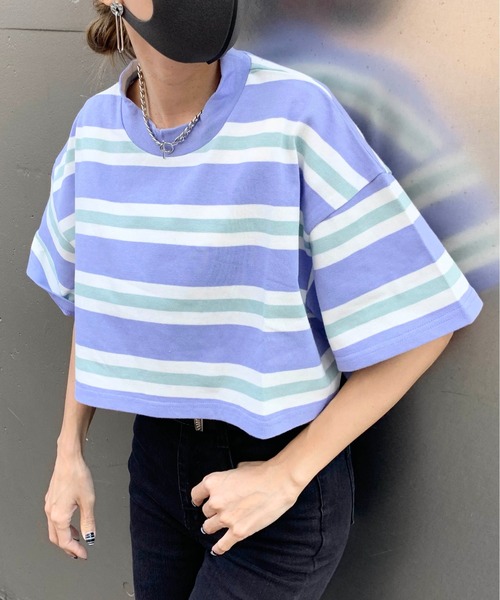 RASVOA（ラスボア）の「モックネックボーダーショートＴシャツ（Tシャツ/カットソー・レディース・ブラック/パープル/グリーン・FREE）」の13枚目の写真