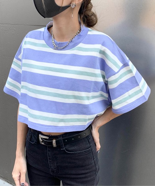 RASVOA（ラスボア）の「モックネックボーダーショートＴシャツ（Tシャツ/カットソー・レディース・ブラック/パープル/グリーン・FREE）」の12枚目の写真