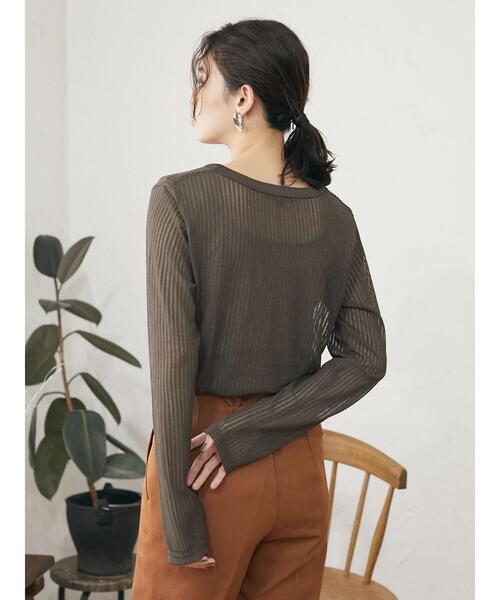 Sugar spoon（シュガースプーン）の「・SUGAR SPOON シアーストライプロンT＊（Tシャツ/カットソー・レディース・ブラック/ブラウン/カーキ/マスタード・FREE）」の13枚目の写真