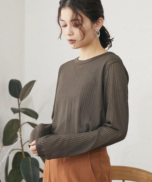 Sugar spoon（シュガースプーン）の「・SUGAR SPOON シアーストライプロンT＊（Tシャツ/カットソー・レディース・ブラック/ブラウン/カーキ/マスタード・FREE）」の4枚目の写真