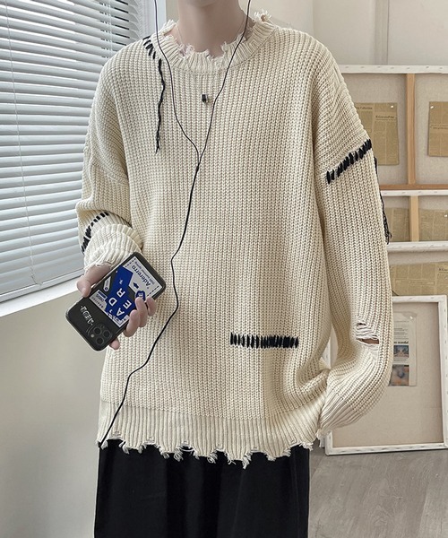 NOWLE（ノウル）の「【NOWLE】ハンドステッチ ダメージ プルオーバー ニット（ニット/セーター・メンズ・ホワイト/ブラック・MEDIUM/LARGE/X-LARGE/XX-LARGE）」の16枚目の写真