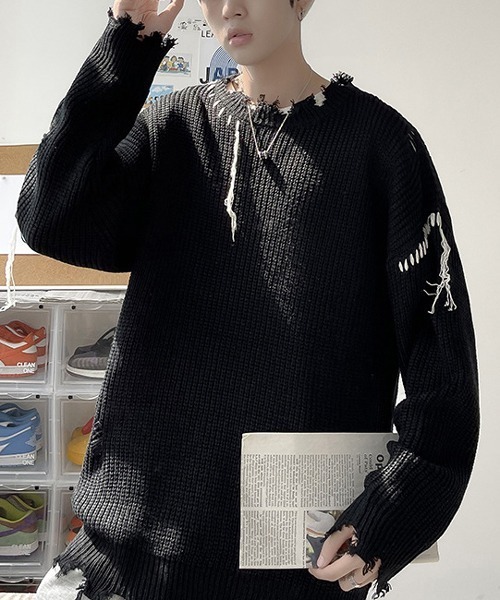 NOWLE（ノウル）の「【NOWLE】ハンドステッチ ダメージ プルオーバー ニット（ニット/セーター・メンズ・ホワイト/ブラック・MEDIUM/LARGE/X-LARGE/XX-LARGE）」の7枚目の写真