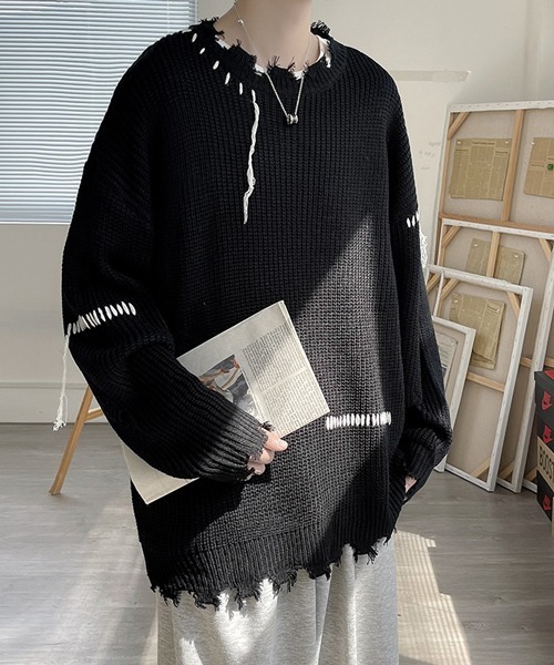 NOWLE（ノウル）の「【NOWLE】ハンドステッチ ダメージ プルオーバー ニット（ニット/セーター・メンズ・ホワイト/ブラック・MEDIUM/LARGE/X-LARGE/XX-LARGE）」の8枚目の写真
