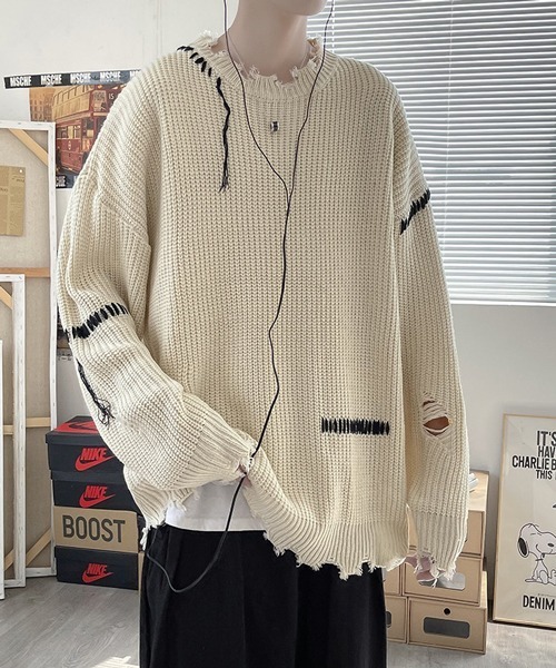 NOWLE（ノウル）の「【NOWLE】ハンドステッチ ダメージ プルオーバー ニット（ニット/セーター・メンズ・ホワイト/ブラック・MEDIUM/LARGE/X-LARGE/XX-LARGE）」の11枚目の写真