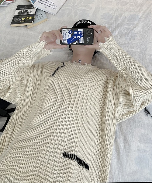 NOWLE（ノウル）の「【NOWLE】ハンドステッチ ダメージ プルオーバー ニット（ニット/セーター・メンズ・ホワイト/ブラック・MEDIUM/LARGE/X-LARGE/XX-LARGE）」の19枚目の写真