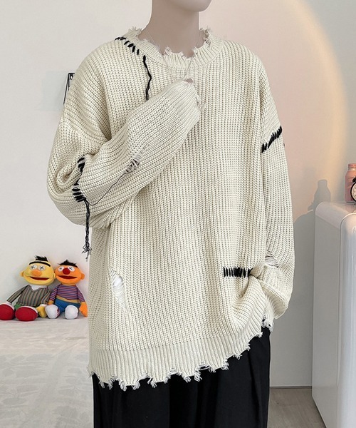 NOWLE（ノウル）の「【NOWLE】ハンドステッチ ダメージ プルオーバー ニット（ニット/セーター・メンズ・ホワイト/ブラック・MEDIUM/LARGE/X-LARGE/XX-LARGE）」の14枚目の写真