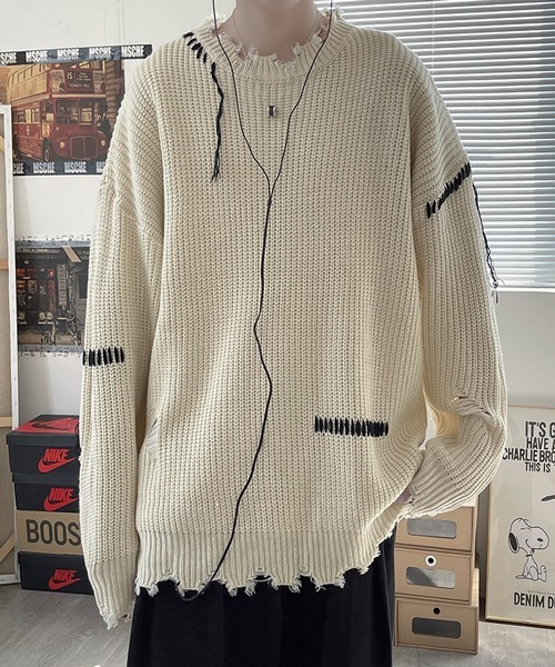NOWLE（ノウル）の「【NOWLE】ハンドステッチ ダメージ プルオーバー ニット（ニット/セーター・メンズ・ホワイト/ブラック・MEDIUM/LARGE/X-LARGE/XX-LARGE）」の12枚目の写真