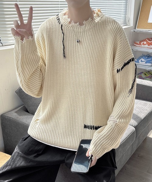 NOWLE（ノウル）の「【NOWLE】ハンドステッチ ダメージ プルオーバー ニット（ニット/セーター・メンズ・ホワイト/ブラック・MEDIUM/LARGE/X-LARGE/XX-LARGE）」の15枚目の写真
