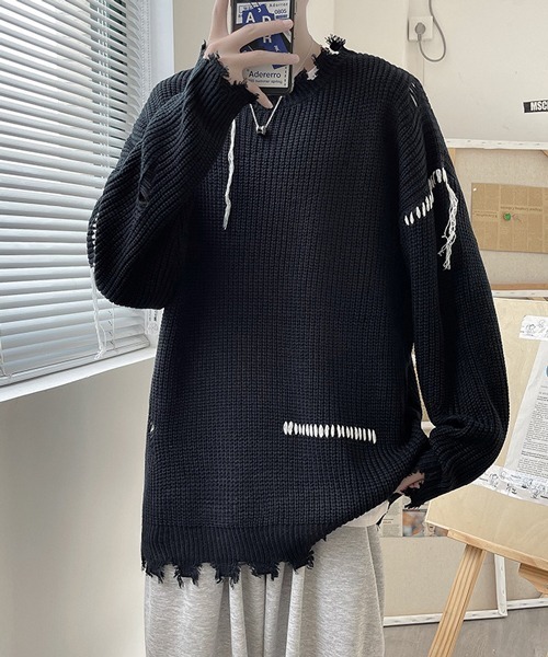 NOWLE（ノウル）の「【NOWLE】ハンドステッチ ダメージ プルオーバー ニット（ニット/セーター・メンズ・ホワイト/ブラック・MEDIUM/LARGE/X-LARGE/XX-LARGE）」の4枚目の写真