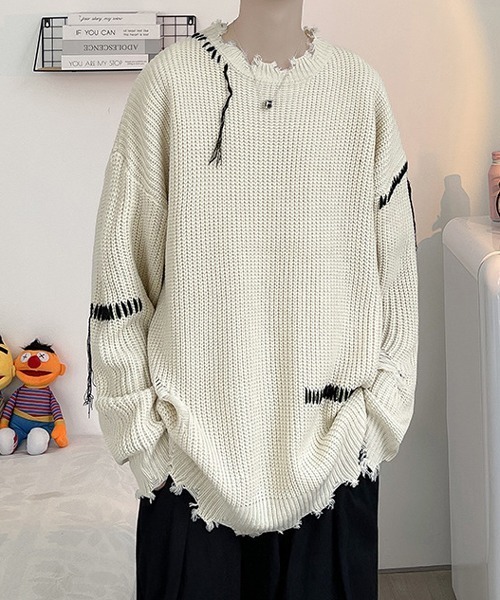 NOWLE（ノウル）の「【NOWLE】ハンドステッチ ダメージ プルオーバー ニット（ニット/セーター・メンズ・ホワイト/ブラック・MEDIUM/LARGE/X-LARGE/XX-LARGE）」の13枚目の写真