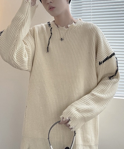 NOWLE（ノウル）の「【NOWLE】ハンドステッチ ダメージ プルオーバー ニット（ニット/セーター・メンズ・ホワイト/ブラック・MEDIUM/LARGE/X-LARGE/XX-LARGE）」の17枚目の写真