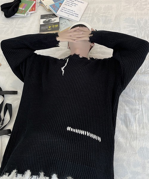 NOWLE（ノウル）の「【NOWLE】ハンドステッチ ダメージ プルオーバー ニット（ニット/セーター・メンズ・ホワイト/ブラック・MEDIUM/LARGE/X-LARGE/XX-LARGE）」の10枚目の写真