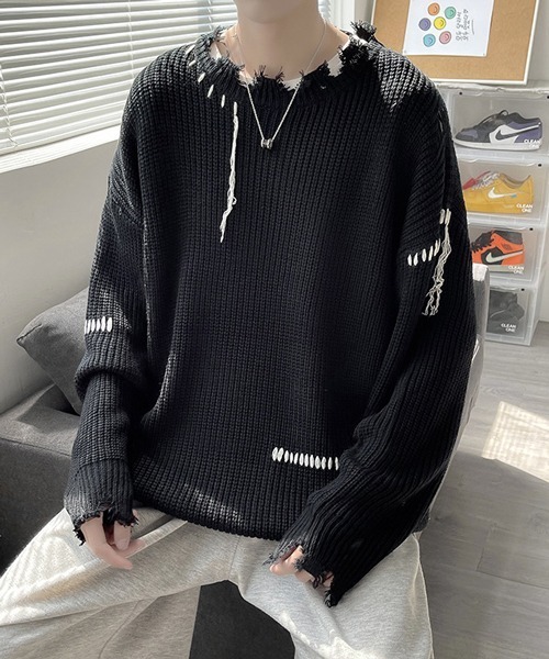 NOWLE（ノウル）の「【NOWLE】ハンドステッチ ダメージ プルオーバー ニット（ニット/セーター・メンズ・ホワイト/ブラック・MEDIUM/LARGE/X-LARGE/XX-LARGE）」の5枚目の写真