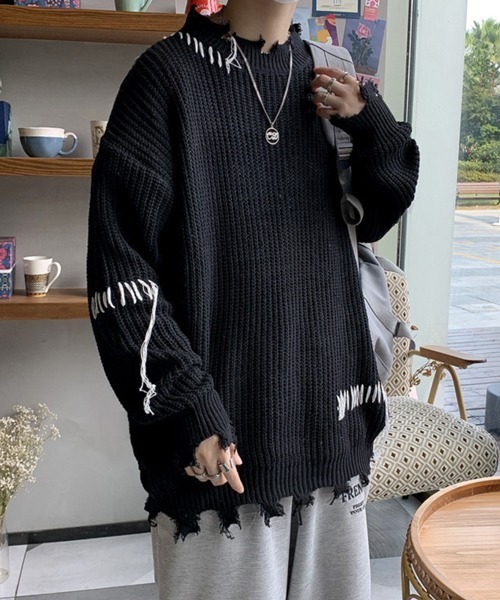 NOWLE（ノウル）の「【NOWLE】ハンドステッチ ダメージ プルオーバー ニット（ニット/セーター・メンズ・ホワイト/ブラック・MEDIUM/LARGE/X-LARGE/XX-LARGE）」の21枚目の写真