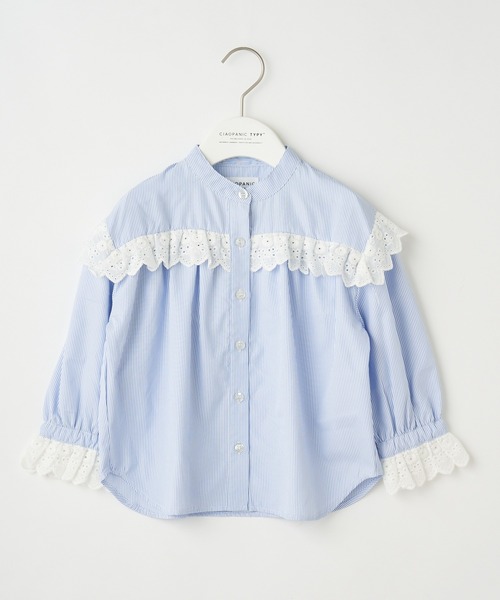 CIAOPANIC TYPY(チャオパニックティピー)の「【KIDS】レースドッキングストライプブラウス(シャツ/ブラウス・キッズ・サックスブルー/グリーン・SMALL/MEDIUM/LARGE/X-LARGE/XX-LARGE)」の1枚目の写真