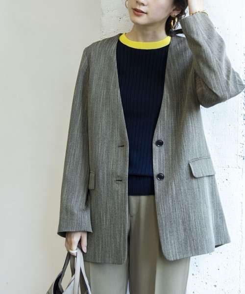 URBAN RESEARCH（アーバンリサーチ）の「スラブヘリンボーンノーカラージャケット（ノーカラージャケット・レディース・ブラック/ブラウン・38/36）」の13枚目の写真