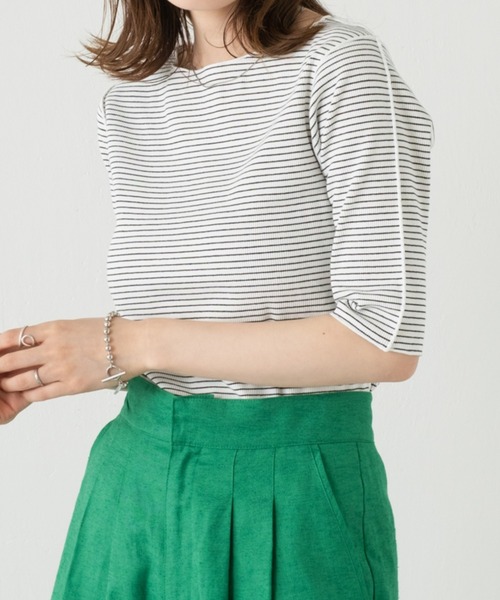 Kastane（カスタネ）の「テレコボーダー5分袖Tee（Tシャツ/カットソー・レディース・イエロー/ピンク/ブラック/オフホワイト・FREE）」の2枚目の写真