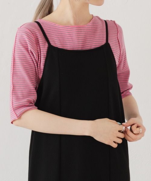 Kastane（カスタネ）の「テレコボーダー5分袖Tee（Tシャツ/カットソー・レディース・イエロー/ピンク/ブラック/オフホワイト・FREE）」の4枚目の写真